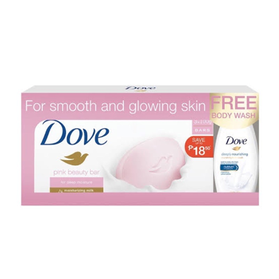 Picture of Dove Beauty Bar Pink 100g Trio + Free Baby Wash 45ml